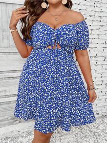Breezaya Vestito casual con stampa floreale piccola, scollo alla spalla, lavorazione traforata, adatto per taglie comode, per vacanze