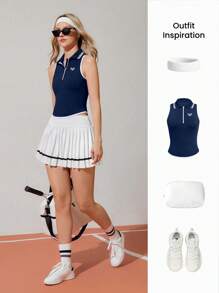 CourtClass 女式无袖撞色镶边运动 Polo 衫，夏季 - 藏蓝色 - 查看 5