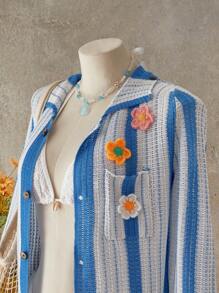 Bellisia Kimono de cobertura elegante con bolsillo delantero con estampado floral y de rayas para mujer, perfecto para vacaciones