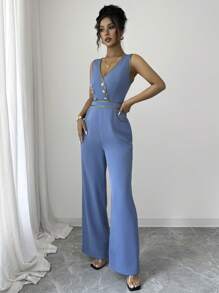 Elenzga Sleeveless Elegant Jumpsuit, New Women Clothes - Blue - View 3