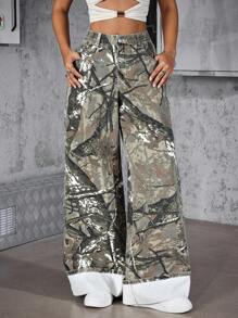 SHEIN ICON 女士时尚树枝印花阔腿牛仔裤 - 彩色 - 查看 1