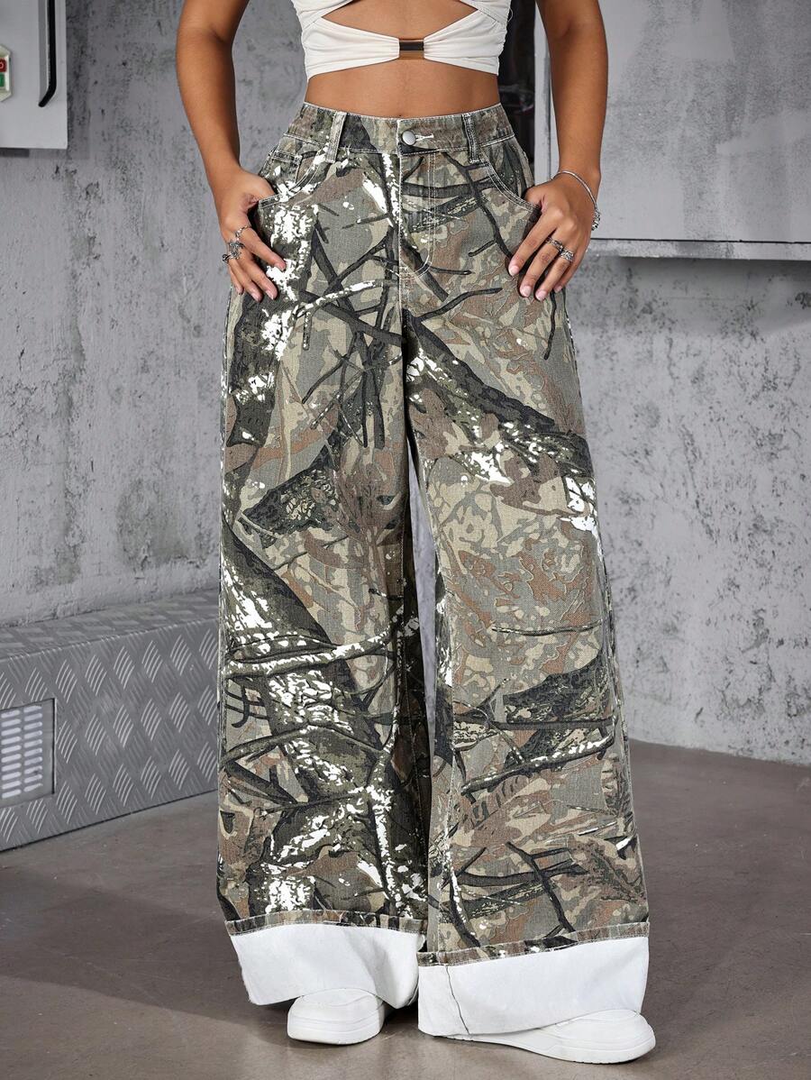 SHEIN ICON 女士时尚树枝印花阔腿牛仔裤 - 彩色 - 查看 1