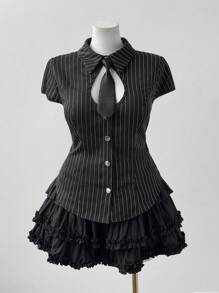 Sunspun Camisa informal para mujer de talla grande con cuello bajo, decoración de botones metálicos y puños con volantes