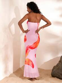 Opulessa Summer Beach Vacation Outfits Knitted Mesh Print Slim Fit Dress For Women,Birthday Dresses For Women,Club Outfits Women Sexy - Pink - View 5