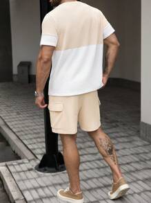 Manfinity Homme Conjunto de Camiseta e Shorts Casuais com Contraste de Cor e Recortes Plus Size Masculino, Verão - Multicolorido - Visão 2