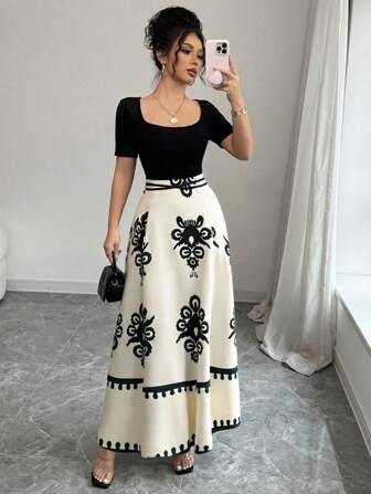 Rafferiza 女士优雅修身腰系带短袖方领旗袍式印花中长连衣裙