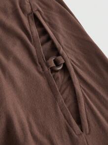 ROMWE Hippie 复古宽松T恤，带木珠装饰，垂坠领，腰部收褶，蝙蝠袖 - 咖啡棕 - 查看 4