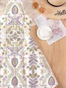 Teens Girls Casual Minimalist Vintage Bohemian Floral Print Cami Dress, Suitable For Summer
