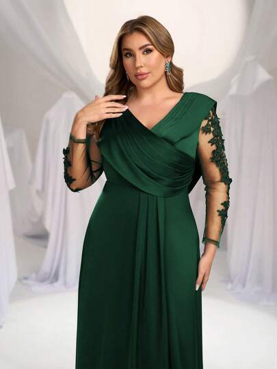 SHEIN Belle Plus Size Elegant Luxurious Vintage Fitted Long Sleeve Applique V-Neck Ruched Long Swing Formal Evening Gown, For Valentine's Day