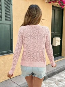 SHEIN PariChic Women Solid Color Hollow Out Long Sleeve Single-Breasted Casual Thin Cardigan Fall Winter Cloth For Women - Pink - View 2