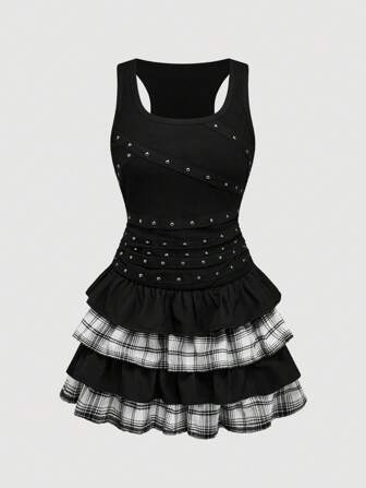 Grunge Punk Women's Summer Fashion Plaid Patchwork Ruffle Hem Short Casual Dress