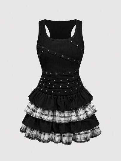 Grunge Punk Vestido casual de verano para mujer con estampado de cuadros, parches y volantes en el dobladillo