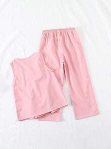 SHEIN Playful Pals Conjunto de 2 piezas de top sin mangas con pliegues y detalle de lazo, y pantalones de pierna ancha, en color liso, de estilo casual y moderno, adecuado para salidas de primavera/verano, vacaciones y uso diario.