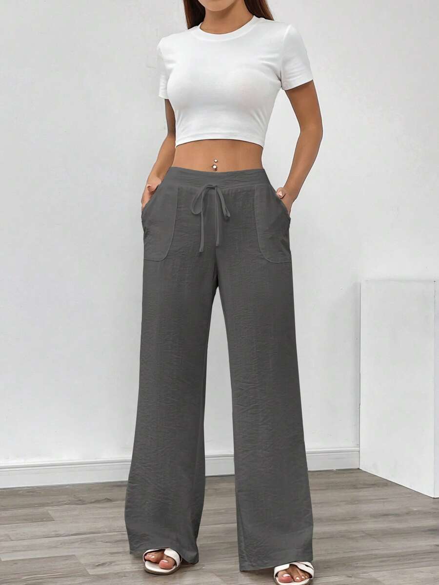 SHEIN PETITE Pantalones de lino casuales y elegantes para vacaciones de mujer - Gris Oscuro - Ver 1