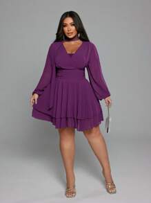 SHEIN LUNE 大码女式纯色腰部褶皱雪纺长袖连衣裙配围巾，优雅性感简约 - 紫色 - 查看 5