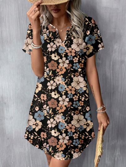 SHEIN LUNE Casual Minimalist Floral Print V-Neck Woven Short Dress For Women, Suitable For Spring And Summer,Boho Clothes Women Chic Dress