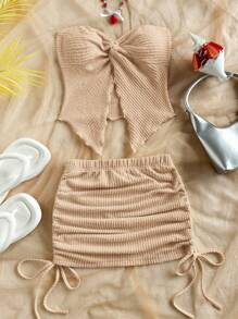 Soleia Bộ 2 món/bộ áo liền quần xoắn đơn giản cho nữ và chân váy mini xếp ly - Màu Khaki - Xem 3
