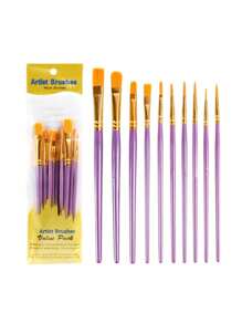 SHEIN 10pcs 2025 New Plastic Handle 10 Pieces Painting Brush Set, Oil Painting, Watercolor, Hand Painting, Art Brushes Set / Slight Glue Overflow Is Inevitable - Multicolor - View 4