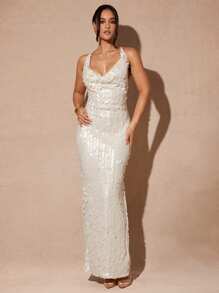 Silquee 女式纯色亮片设计修身优雅连衣裙 - 杏色 - 查看 2