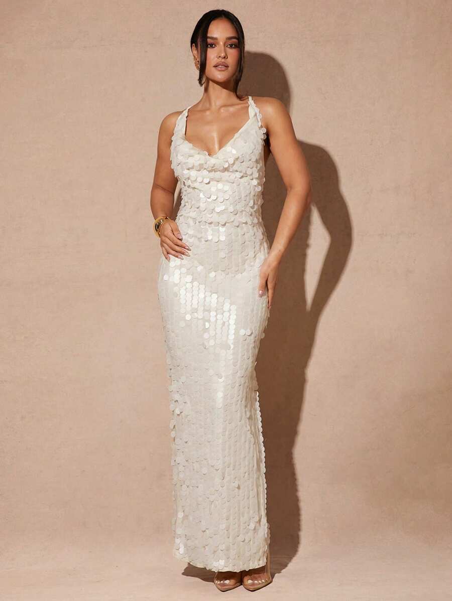 Silquee 女式纯色亮片设计修身优雅连衣裙