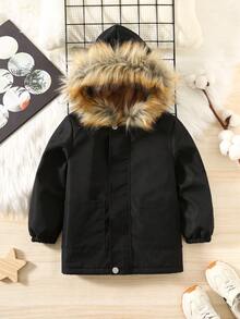 SHEIN 男童黑色保暖内衬连帽棉服夹克，带口袋，简约时尚百搭百搭派克大衣，适合居家、上学、度假、滑雪拉链连帽衫男童冬季外套，男童服装冬装儿童外套 - 黑色 - 查看 2