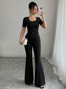 Elenzga 2pc Women Casual Commute Elegant Outfit - Button-Up Short Sleeve Top And Pants - Black - View 6