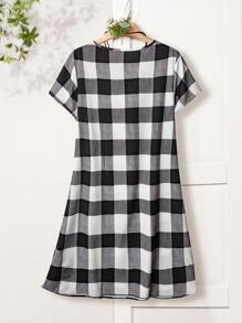 EMERY ROSE Vestido de mujer de tallas grandes de manga corta a cuadros en blanco y negro, para verano - Blanco y Negro - Ver 2