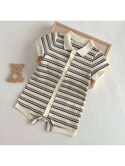 Loomiva Baby Boy Colorful Striped Knit Soft Collar Romper Shorts, Versatile And Comfortable Baby Striped Romper Baby Boy Summer Romper Baby Polo Romper Newborn Striped Romper Unisex Baby Romper