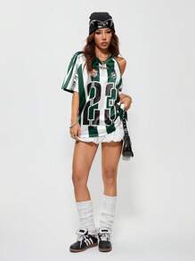 Coolane Women's Spring Y2K Blockcore Sportswear Game Day Striped Number Pattern Off Shoulder Raglan Sleeve V-Neck Jersey T-Shirt,Rave Top
