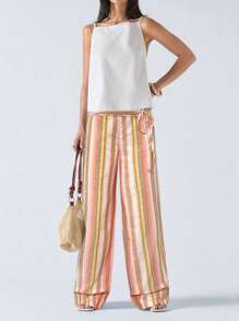 LYSMO Women's Striped Tie-Up Patchwork Long Pants,Cargo Pants