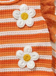 SHEIN 2 pezzi/confezione, completo casual da bambina/bimba 0-3 anni, composto da gilet senza maniche a righe con fiore 3D + pantaloni a zampa, outfit estivo da vacanza per neonati - Arancione - Visualizzare 4