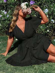 Flirla Rotes Lässig Kleid in Große Größen, Sommer, Alltag, Campus-Stil, Strandurlaub, modischer Lässig-Stil - Schwarz - Übersicht 1