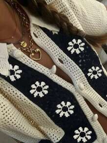 INAWLY Women's Floral Print Hollow Out Single Breasted Short Sleeve Cardigan, Suitable For Vacation - Multicolor - View 6