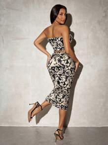 SHEIN SXY 女士全印花吊带背心和半裙两件套，优雅夏季套装 - 黑色 - 查看 3