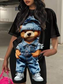 Slaydiva 2 Paquetes de Conjunto de Camiseta de Manga Corta y Pantalón Corto de Efecto Vaquero con Estampado Lindo de Oso en Talla Grande para Damas, Informal de Verano