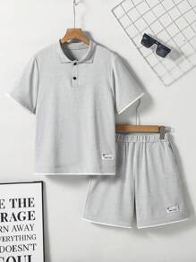 2pcs/Set Young Boys Teen Outfit,Light Grey Polo Shirt With Contrasting Elements&Shorts,Summer Casual Vacation Suit,Premium Knit Breathable Boy Clothes - Grey - View 1