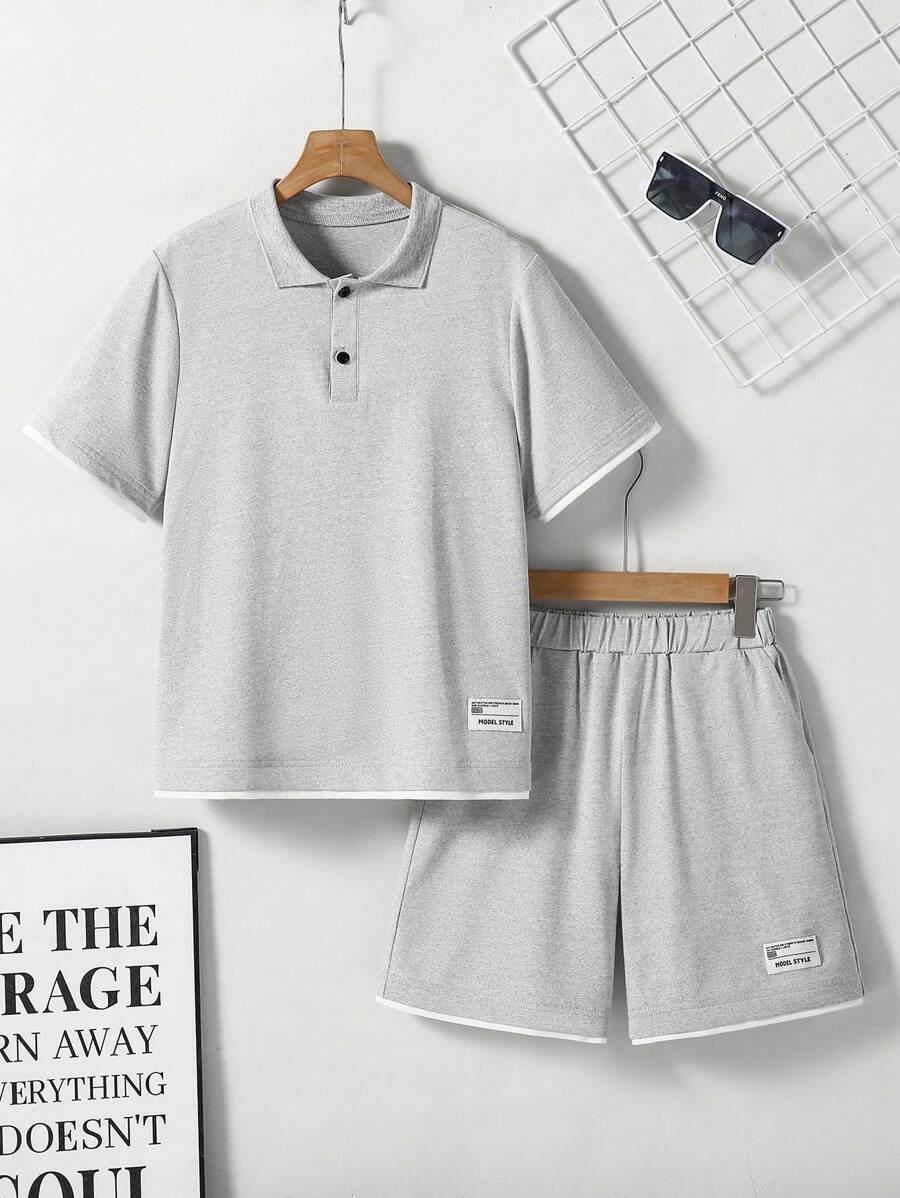 2pcs/Set Young Boys Teen Outfit,Light Grey Polo Shirt With Contrasting Elements&Shorts,Summer Casual Vacation Suit,Premium Knit Breathable Boy Clothes - Grey - View 1
