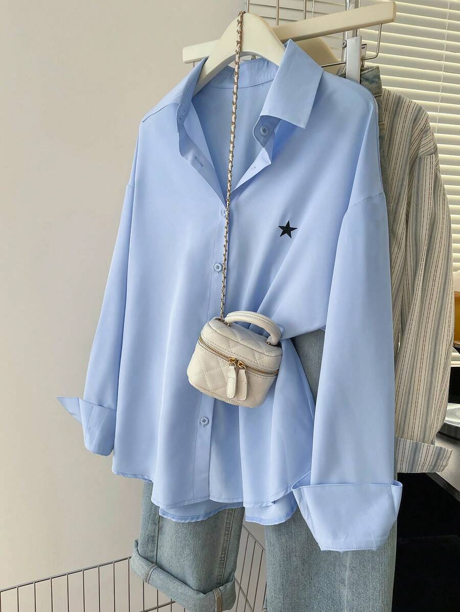 INAWLY 女士星星印花纽扣长袖休闲衬衫 - 淺藍色 - 查看 1