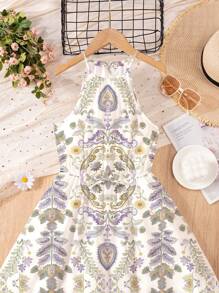 Teens Girls Casual Minimalist Vintage Bohemian Floral Print Cami Dress, Suitable For Summer