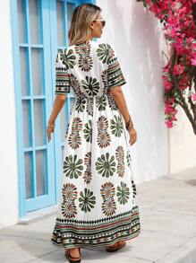 Vivid Eden Women's Summer Vacation Bohemian Print V-Neck Short Sleeve Boho Long Dress ,Summer Dress With Sleeves, Women Vacation Dress, Bohemian Summer Dress,Summer Dresses For Women, Beach Outfits For Women,Vacation Outfits, Women Summer Clothing,Women Sun Dress,Country Outfits Women,Fall Women Clothes