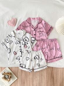 4pcs/Set Young Girl Heart Print Turndown Collar Faux Silk Casual Home Set With Shorts Satain Heart Print Pajamas Sets Girls Clothes Set Teen Girl Shirts Summer Sets Blind Box Pride