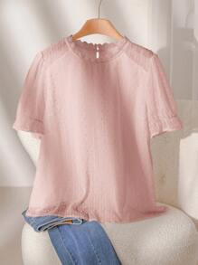 CosyJoli Plus Size Elegant Simple Versatile Chiffon Jacquard Lace Patchwork White Blouse For Women, Suitable For Office,Slightly Sheer, Commuting, And Outdoor Activities,Going Out Tops Women Spring To Summer - Dusty Pink - View 5