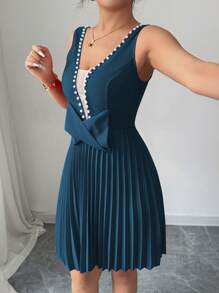 Elenzga 无袖V领珍珠装饰蝴蝶结腰褶优雅浪漫女士连衣裙 - 水鴨藍 - 查看 3