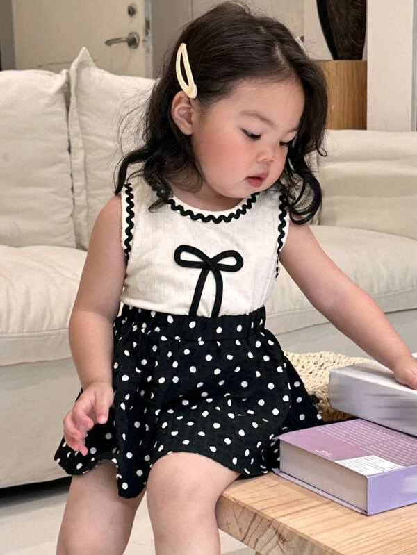 Dazy Kids 2pcs/Set Baby Girls' Casual Korean Style Cute Bow Sleeveless Top And Polka Dot Skirt Set