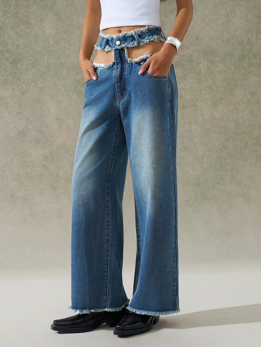 LYSMO Women's High Waisted Open-Hole Design Pocket Straight Leg Jeans, Going Out - Blue - View 1