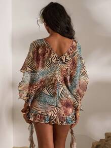 Opulessa 2pcs Set: Woven Animals Printed Loose Off Shoulder Shirt & Fitted Crop Camisole Holiday Outfits,Elegant Style ,Sexy Style, Night Out Outfits,For Autumn And Winter,Sexy Elegant Party,Graduation,Prom,Luxury Evening,National Day - Green - View 2