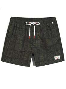Manfinity Swimmode Men's Palm Tree Print Drawstring Waist Pocket Beach Shorts