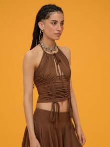 COUREZ Top con cuello halter y fruncido delantero / Blusas de verano / Casual de calle / Vintage Y2K - Marrón - Ver 3