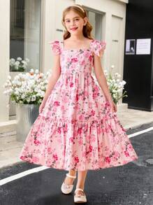 SHEIN Vestido con estampado floral, mangas cortas y escote en V para niña preadolescente, estilo de vacaciones - Rosa - Ver 9