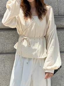 FRIFUL 女式夏季系带褶饰休闲衬衫上衣，适合商务和休闲长袖上衣 - 黃色 - 查看 4